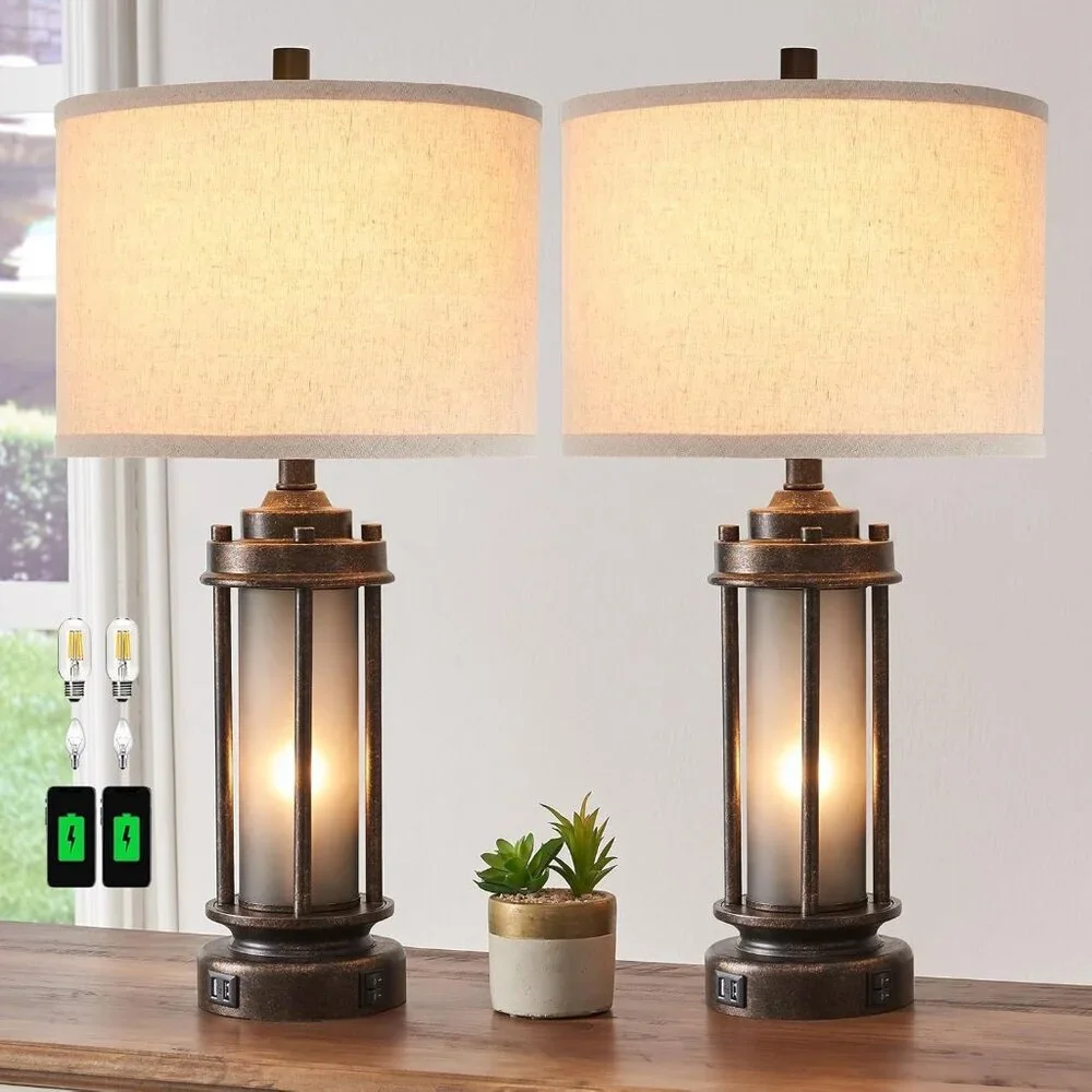 Set Of 2 Farmhouse Living Room Rustic Vintage Bedroom Nightstand Table Lamp